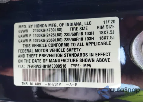 2021 Honda Cr-V Awd Ex-L from USA, damaged, VIN 7FARW2H81ME000516